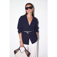 WOVCOR Women's Collarless Belted Relaxed Fit Long Sleeve Jacket in Navy | Size: Medium