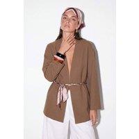 WOVCOR Women's Collarless Belted Relaxed Fit Long Sleeve Jacket in Khaki | Size: Small