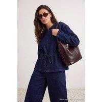 WOVCOR Women's Crew Neck Drawstring Waist Denim Jacket in Dark Navy | Size: Large