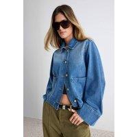 WOVCOR Women's Shirt Collar Wide Sleeve Regular Denim Jacket in Blue | Size: Large