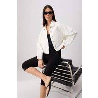 WOVCOR Women's Collared Long Sleeve Crop Denim Jacket in Ecru | Size: Large