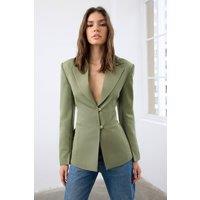 WOVCOR Women's Back Tie Detail Fitted Woven Blazer Jacket in Khaki | Size: 6
