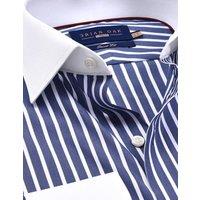 Brian Oak London Men's Navy Striped Cotton Shirt with Contrast Collar in Blue | Size: 16.5 in