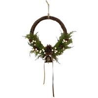 Four Candle Twig Wreath with White Berries, Pinecones, Bells & Bow Medium in Brown