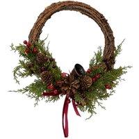 Four Candle Twig Wreath with Red Berries, Pinecones, Bells & Bow Medium in Brown