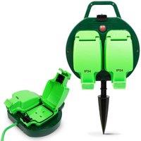 Desiretech 15m Weatherproof Extension Cable with Garden Spike - 2 Socket, IP54 in Green