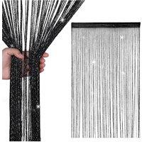 Neel Blue Glitter String Curtain Polyester Fringe Panel Spaghetti Tassel Curtain, 200cm x 90cm in Black | Size: 200 cm x 90 cm
