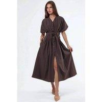 Busem Women's Casual V-Neck Midi Shirt Dress in Dark Brown | Size: Medium