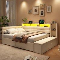 Matteo Beige Upholstered Double Bed Frame with LED, USB & Storage - 4ft6