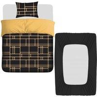 Pamposh Reversible Duvet Cover Set With Black Fitted Sheet in Gold | Size: Double