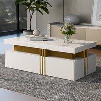 Merax 100cm Rectangular Sofa Centre Table with Marble-Effect Top & 2 Drawers in White