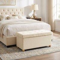 KORVIXA Cream White Storage Ottoman Bench with Wood Legs in Beige | Size: 100 cm x 100 cm