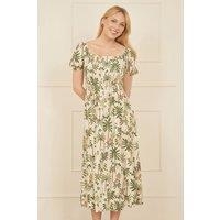 Yumi Women's White Cotton Palm Print Ruched Midi Dress in Beige | Size: 14