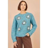 Yumi Women's Patch Floral Embroidered Relaxed Jumper in Blue | Size: Large