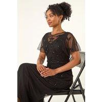 Roman Women's Petite Embroidered Mesh Layered Dress in Black | Size: 8