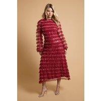Oasis Women's Long Sleeve Printed Mesh Midi Dress in Dark Cherry | Size: 14
