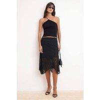 WOVCOR Women's High Waist Asymmetric Lace Lined Midi A-Line Skirt in Black | Size: XS