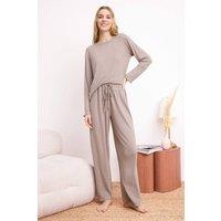 WOVCOR Women's Long Sleeve Ribbed Pointel Pyjama Set in Beige | Size: Medium