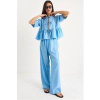 Bianco Lucci Women's Textured Two-Piece Coord Set with Ruffle Detail in Baby Blue | Size: Small