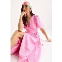 Bianco Lucci Women's Textured V-neck Midi Dress with Wrap Closure in Bright Pink | Size: Small