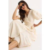 Bianco Lucci Women's Textured V-neck Midi Dress with Wrap Closure in Cream | Size: Medium