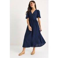 Bianco Lucci Women's Textured V-neck Midi Dress with Wrap Closure in Navy | Size: Small