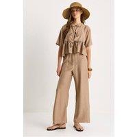 Bianco Lucci Women's Textured Two-Piece Coord Set with Ruffle Detail in Light Brown | Size: Small