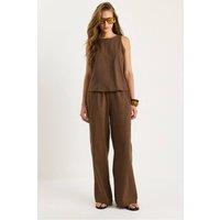 Bianco Lucci Women's High Waist Sleeveless Linen Blended Two-Piece Set in Chocolate | Size: Large