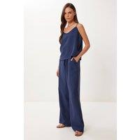 Happiness Istanbul Women's V-Neck Sleeveless Two-Piece Coord Set with Wide Leg Pants in Navy | Size: Large