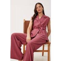 Happiness Istanbul Women's High Waist Two-Piece Set with Shirt Collar & Wide Leg Pants in Crimson | Size: Small