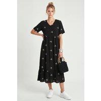 Happiness Istanbul Women's Embroidered V-Neck Midi Dress in Black | Size: Medium