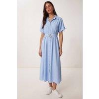 Happiness Istanbul Women's Belted Poplin Shirt Midi Dress in Baby Blue | Size: XL