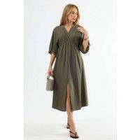Busem Women's V-Neck Midi Wrap Dress with Three Quarter Sleeves in Khaki | Size: Small