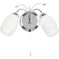 Loops LED Twin Wall Light Pretty Curved Arm Chrome & White Glass Shade Lamp Lighting