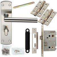 Loops Door Handle & Bathroom Lock Pack Satin Nickel Modern Mitred Round Bar Backplate in Metallics