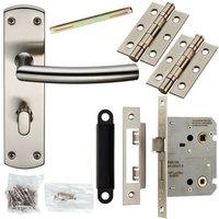 Loops Door Handle & Bathroom Lock Pack Satin Steel Curved & Mitred Bar Backplate in Metallics