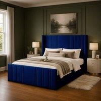 Desire Deco Plush Velvet Gerald Wingback Ottoman Storage Bed Frame in Blue | Size: Single