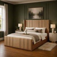 Desire Deco Plush Velvet Gerald Wingback Ottoman Storage Bed Frame in Beige | Size: Super King
