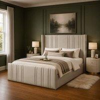 Desire Deco Plush Velvet Gerald Wingback Ottoman Storage Bed Frame in Light Beige | Size: Super King