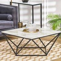 Wyld and Coco Beige Marble Effect Coffee Table Black Geometric Metal Base