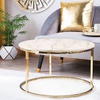 Wyld and Coco Beige Marble Effect Round Coffee Table 70 cm Wood Top Gold