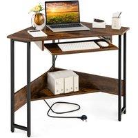 Gymax Small Computer Desk with Keyboard Tray Corner Desk with Power Outlets in Brown