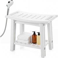 Gymax HDPE Shower Bench Waterproof Bath Stool with Storage Shelf in White