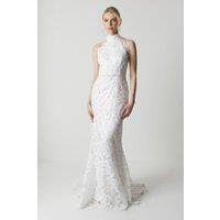 Coast Women's High Neck Embroidered Mesh Wedding Dress With Train in Ivory | Size: 16