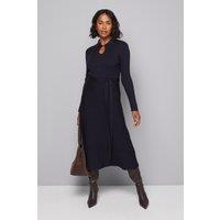 Wallis Women's Keyhole Collared Belted Knitted Midi Dress in Navy | Size: Large