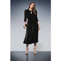 Wallis Women's Velvet Embellished Pleated Midi Dress in Black | Size: 12