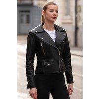 Ashwood Leather Women's Genuine Leather Regular Fit Moto Biker Jacket with Zip Pockets in Black | Size: 12