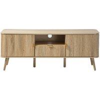 CALICOSY TV Stand With 2 Doors, Oak Effect, Rounded Slat Fronts, 140 Cm Wide - in Light Brown