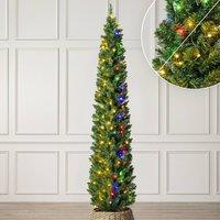 Christow Pre Lit Slim Pencil Christmas Tree Colour Switch & Timer 5ft 6ft 7ft in Green