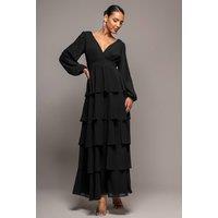 Goddiva Women's Tiered Chiffon Wrap Maxi Dress in Black | Size: 8